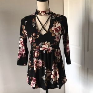 ❤️3X20 PINK PEONY Women choker looking collar v-neck Peplum Top | S